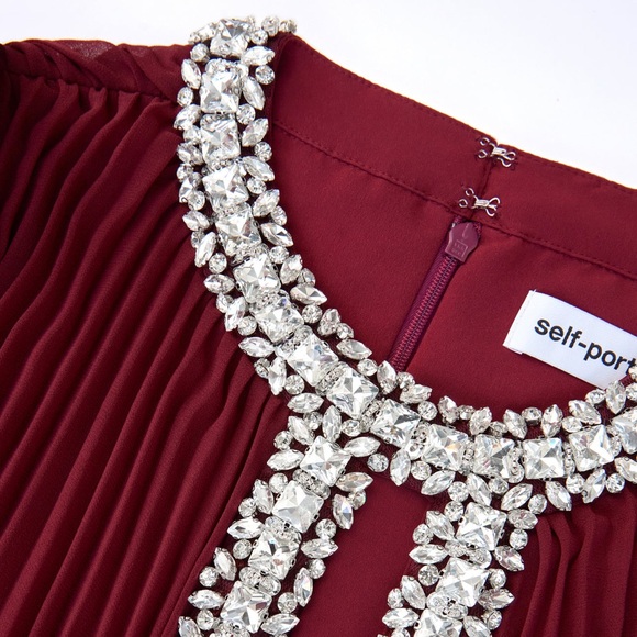 Self Portrait BURGUNDY CHIFFON FEATHER MIDI DRESS $950 NEW without tag - Picture 3 of 8